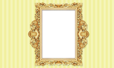 Gold Color Antique Vintage Classic Baroque Stylish Empty Photo Painting Frame in Grunge and Retro Background for Home Interior and Garden Furniture made from Wood and Metal
