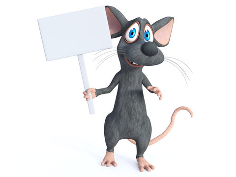 3D rendering of a cartoon mouse holding blank sign.