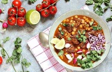 Beef Pozole. with beef and chickpeas. festive Mexican rich soup.