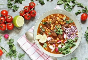 Beef Pozole. with beef and chickpeas. festive Mexican rich soup.