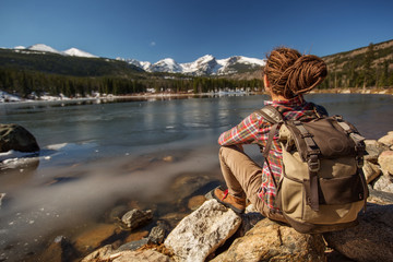 Hiker in Rocky mountains National park in USA