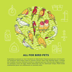 Pet shop round concept banner with parrot icons in line style