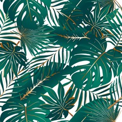 Seamless pattern with tropical green and golden palm leaves, leaves of monstera and banana on white background. Exotic template for sale, spa, offers design, poster, party, summer background. Vector.
