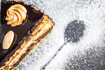 Chocolate home-made tasty cake on a gray monophonic background with sugar powder. Fresh pastries. Piece. Pie. Food.