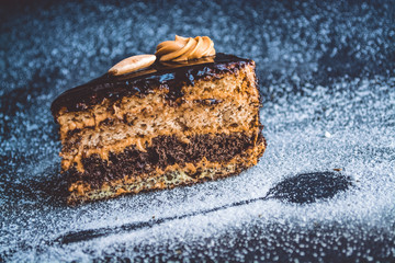 Chocolate home-made tasty cake on a gray monophonic background with sugar powder. Fresh pastries. Piece. Pie. Food.