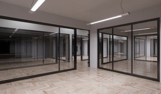 Building Story with Empty Illuminated Glass Walled Offices 3D Rendering