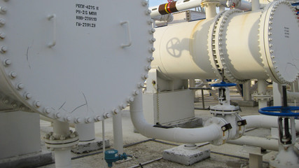 Heat exchangers at oil refinery.