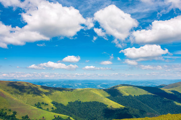 Obraz premium fluffy clouds above the mountain ridge. wonderful summer scenery with grassy alpine meadow. beautiful carpathian landscape