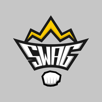Swag word logo badge with crown and fist.