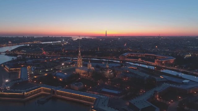 Aerial view of Petropavlovskaya krepost of SaintPetersburg. Winter sunset