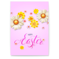 Poster template for Happy Easter day. 3d realistic vector flowers buds on pink background. Spring flower composition. Template for greetings with design of Handwriting text happy Easter