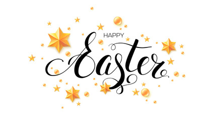 Easter postcard with calligraphic inscription decorated golden stars and balls isolated on white background. Stylish greetings card with abstract pattern and vintage hand drawing wishes