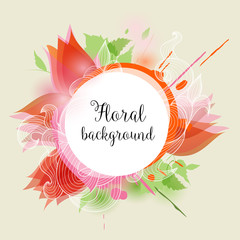 Floral frame, red tulips and green plants with round space for text