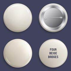 Vector blank beige glossy badges or web buttons. Four different plastic pins, emblems, volunteer labels. Front and Back Side. 3d render. Vector.