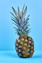 Ripe pineapple on blue background. Fresh juicy ananas on blue wooden background, vertical image.