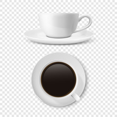 Realistic Vector 3d Glossy Blank White Coffee Cup or Mug Set with Americano or Espresso Closeup Isolated. Design Template of Coffee Mug or Cup and Saucer for Branding, Mockup. Front and Top View