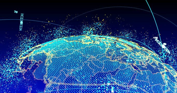 abstract globe with particles and plexus structure. Digital technology planet with continent forming. Triangulated structure. Glows and particles. alpha channel