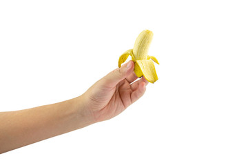 Fototapeta na wymiar hand hold peel banana isolated on white background