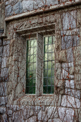 Old Glass window on stone building with vines