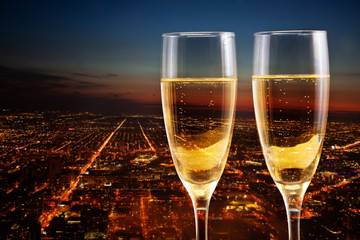 Night American city panorama, champagne glasses, mixed media