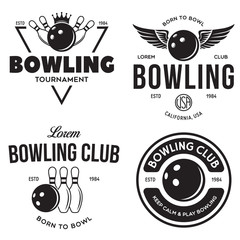 Set of vector vintage monochrome style bowling logo, icons and symbol. Bowling ball and bowling pins silhouettes. Trendy design elements.