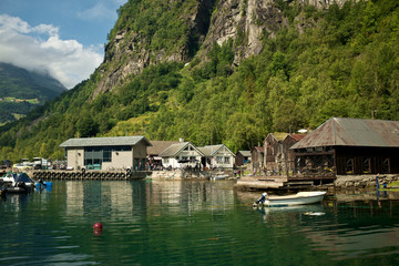 Naklejka premium Bay in Geiranger. Small landing port.