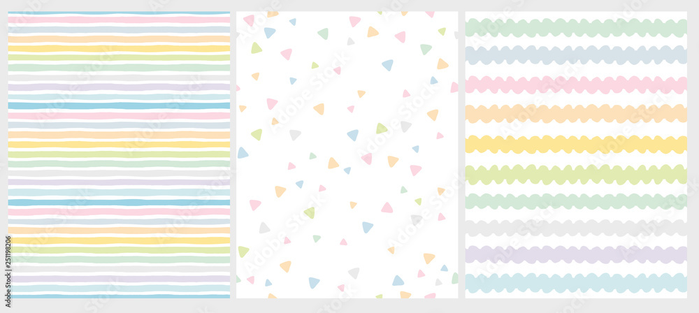Wall mural set of 3 cute abstract geometric vector patterns. light multicolor design. stripes, triangles and wa