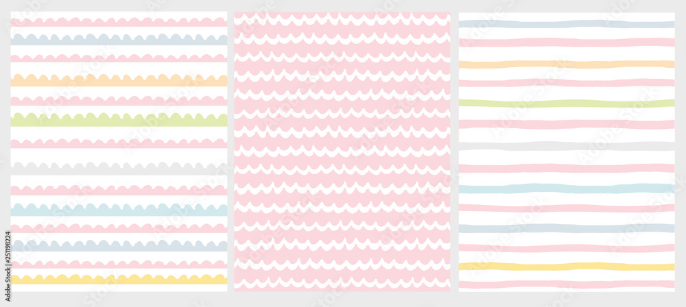 Wall mural set of 3 cute abstract geometric vector patterns. light multicolor design. brushed style waves on a 