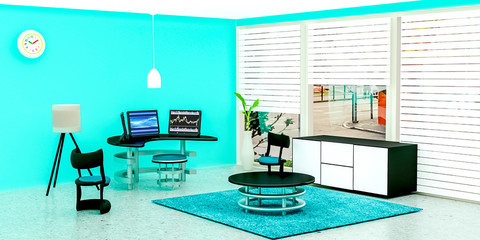 Fototapeta na wymiar Modern working room interior, 3 black desktop computer put on a glass table in front of cyan wall, a lamp and flower pot place on marble floor, Cool tone room, Scandinavian style, 3D rendering.