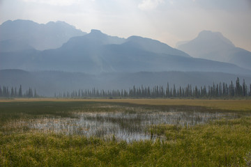 Mountains Enshrouded in Wildfire Haze, Jasper National Park, Alberta, Canada