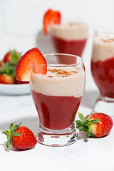 sweet strawberry yoghurt milkshake, vertical closeup