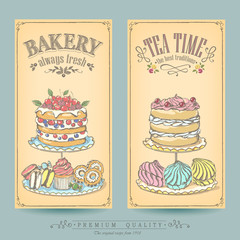 Card collection of hand-drawn cakes. Vintage posters of bakery sweet shop. Freehand drawing, sketch