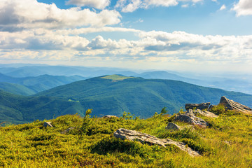 stones on grassy alpine meadow. view from the edge of a hill. beautiful summer landscape in mountains. wonderful sunny weather. fluffy clouds on the sky.