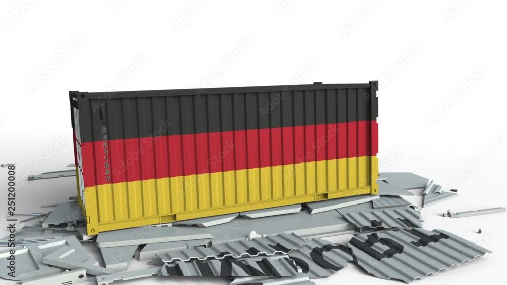 Poster cargo container with flag of germany breaks container with import text. conceptual 3d animation