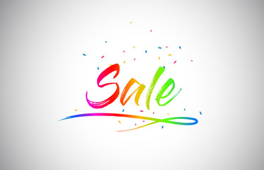 Sale Creative Vetor Word Text with Handwritten Rainbow Vibrant Colors and Confetti.