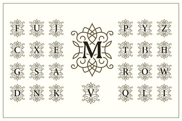 Set of Elegant Capital Letters. Vintage Logos. Filigree Monograms. Beautiful Collection. English Alphabet. Simple Drawn Emblems. Graceful Style. Design of Calligraphic Insignia. Vector Illustration - obrazy, fototapety, plakaty