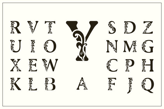 Set of Elegant Capital Letters. Vintage Logos. Filigree Monograms. Beautiful Collection. English Alphabet. Simple Drawn Emblems. Graceful Style. Design of Calligraphic Insignia. Vector Illustration