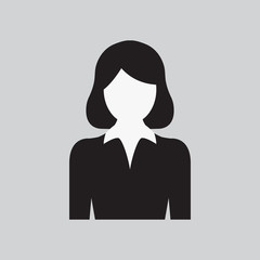 User Woman Icon. Lady's Profile. Female Web Sign, Flat art Object. Black and White Silhouette of Girl in Business Suit. Avatar Picture App. Vector illustration