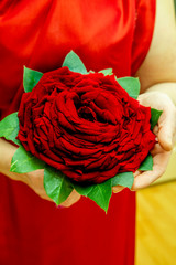 Creative bridal bouquet in the form of a blooming burgundy rose flower - glameliya (a man-made...