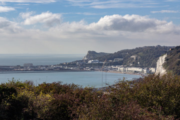 Fototapeta na wymiar Dover harbor viewed from the cliffs above