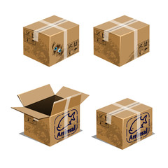 Fototapeta premium Set of carton boxes for transporting animals isolated on white background. Vector cartoon close-up illustration.