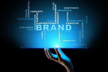 Fototapeta na wymiar Brand words cloud on virtual screen. Branding, Marketing and Advertising concept.