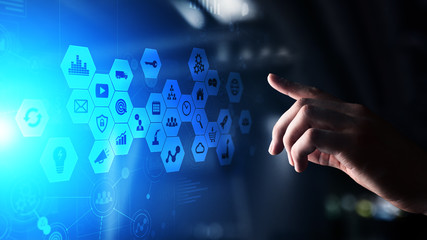 Mixed media, Business intelligence icons on virtual screen, analysis and big data processing dashboard. Business and modern information technology concept.