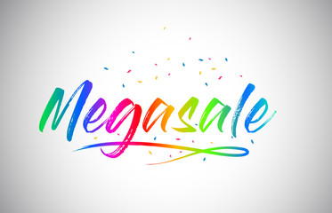 Megasale  Creative Vetor Word Text with Handwritten Rainbow Vibrant Colors and Confetti.