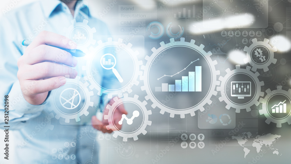 Poster big data analysis, business process analytics diagrams with gears and icons on virtual screen.