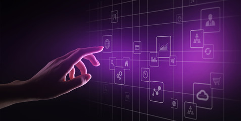 Application icons on virtual screen. Technology and business concept.