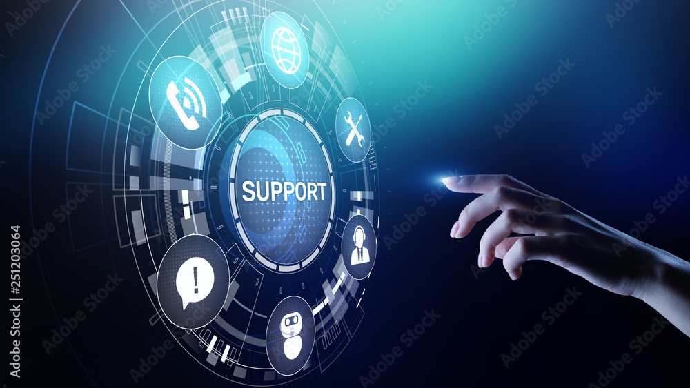 Poster Support button on virtual screen. Customer service and communication concept.