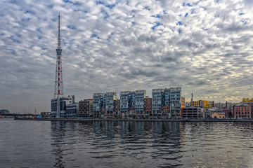 The view of the TV tower from the river Bolshaya Nevka. St. Petersburg, Russia.