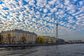 Fototapeta premium Television tower and business and office centers on Aptekarskaya embankment, St. Petersburg, Russia.
