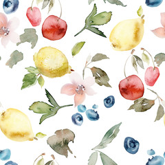 Watercolor pattern with fruits and berries.